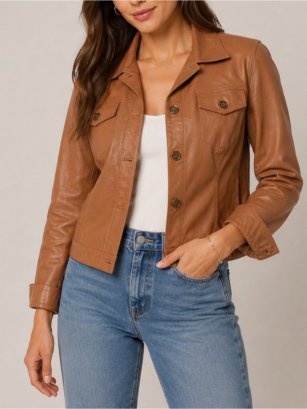 Ellen Ashley Genuine Leather Trucker Jacket Women’s Sz 8 Tan Cognac Utility Coat